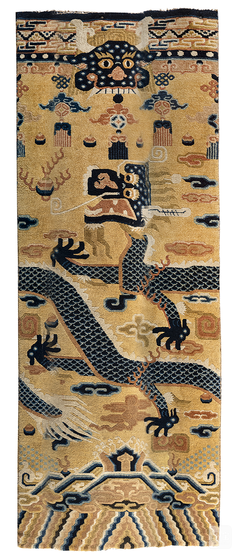 A pair of yellow-ground column carpets with dragon decoration mounted as columns